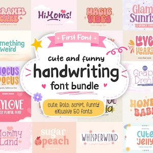 May include: A digital font bundle display featuring the text cute and funny handwriting font bundle and cute, BOLD, script, funny eXlusive 50 fonts. The image showcases various typography styles including Caramel Cake, HiMoms, Magic Vibes, and Glamy Sunrise.