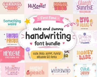 Könnte beinhalten: Ein digitales Schriftartenpaket mit dem Text cute and funny handwriting font bundle und cute, BOLD, script, funny eXlusive 50 fonts. Das Bild zeigt verschiedene typografische Stile, darunter Caramel Cake, HiMoms, Magic Vibes und Glamy Sunrise.