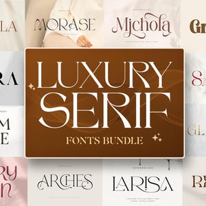 Op de afbeelding: Een verzameling schreeflettertypen, waaronder "Carenila", "Morase" en "Mjchola", weergegeven op een lichte achtergrond. De centrale afbeelding luidt "LUXURY SERIF FONTS BUNDLE" in het wit. Andere lettertypen zijn "Keira", "Calm Love" en "Berry Bean".
