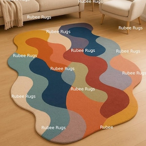 Modern Abstract Irregular Shape Multi-Color Rug for Living Room & Bedroom – Soft Hand-Tufted Carpet