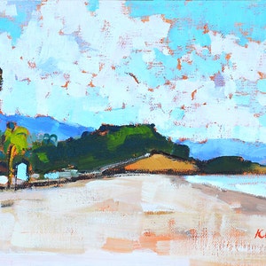 May include: An impressionistic painting of a beach scene. The artwork features a sandy beach, green hills, and a bright blue sky with fluffy white clouds. Palm trees and buildings are visible along the shore.