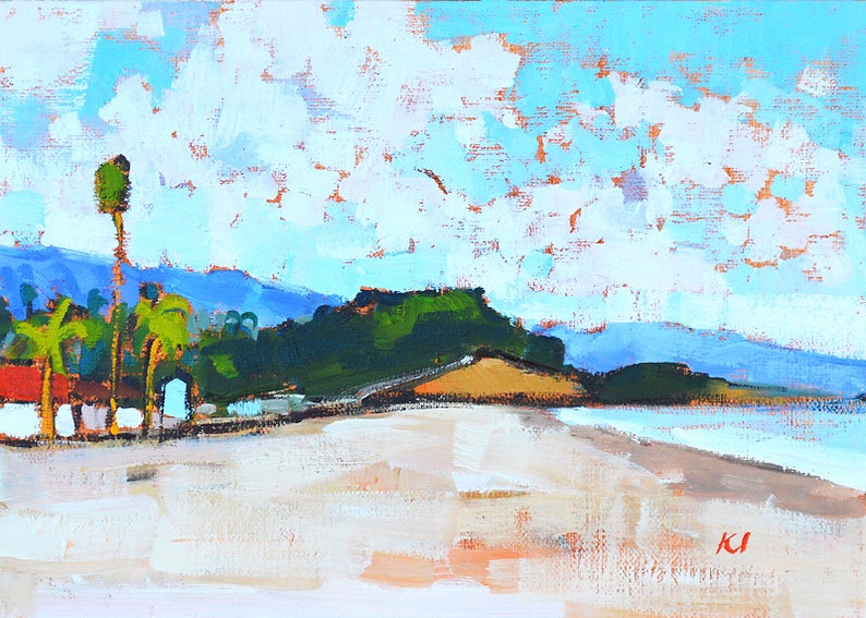 May include: An impressionistic painting of a beach scene. The artwork features a sandy beach, green hills, and a bright blue sky with fluffy white clouds. Palm trees and buildings are visible along the shore.