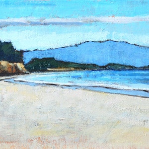 May include: An original oil painting of a beach scene. The artwork depicts a sandy beach, turquoise water, and a blue sky with a mountain in the background. The painting has a textured, impressionistic style, with visible brushstrokes.