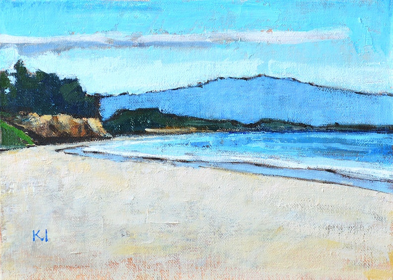May include: An original oil painting of a beach scene. The artwork depicts a sandy beach, turquoise water, and a blue sky with a mountain in the background. The painting has a textured, impressionistic style, with visible brushstrokes.