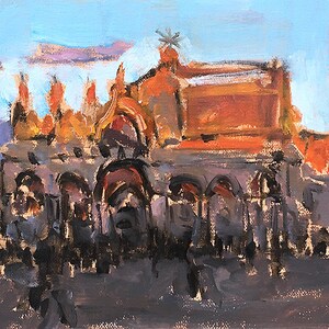 K&ouml;nnte beinhalten: Ein impressionistisches Gem&auml;lde eines Geb&auml;udes mit gew&ouml;lbten &Ouml;ffnungen und detaillierter Dachlinie. Das Kunstwerk verwendet warme Orange- und Braunt&ouml;ne, kontrastiert durch einen blauen Himmel. Figuren sind im Vordergrund angedeutet.