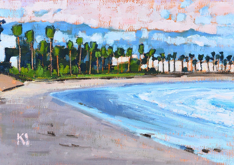 May include: An impressionistic painting of a beach scene. The artwork depicts a sandy beach with gentle waves, palm trees, and buildings in the background. The sky is a mix of blue and pink hues, creating a serene coastal landscape.