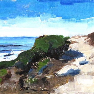 May include: An oil painting of a coastal landscape. The artwork depicts a bright blue sky with fluffy white clouds above a turquoise ocean. A green bush sits on a sandy dune, with the ocean waves crashing in the distance.