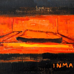 May include: A painting of a glowing orange oven with a black object inside. The artist's signature, "INMAN", is in the bottom right corner.