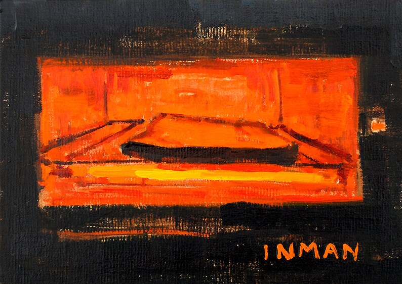 May include: A painting of a glowing orange oven with a black object inside. The artist's signature, "INMAN", is in the bottom right corner.