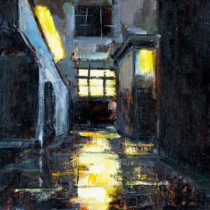 May include: A painting of a dark alleyway with a single light source illuminating the ground. The light source is coming from a window at the end of the alleyway. The walls of the alleyway are painted in shades of gray and black.