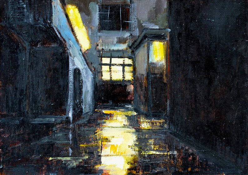 May include: A painting of a dark alleyway with a single light source illuminating the ground. The light source is coming from a window at the end of the alleyway. The walls of the alleyway are painted in shades of gray and black.