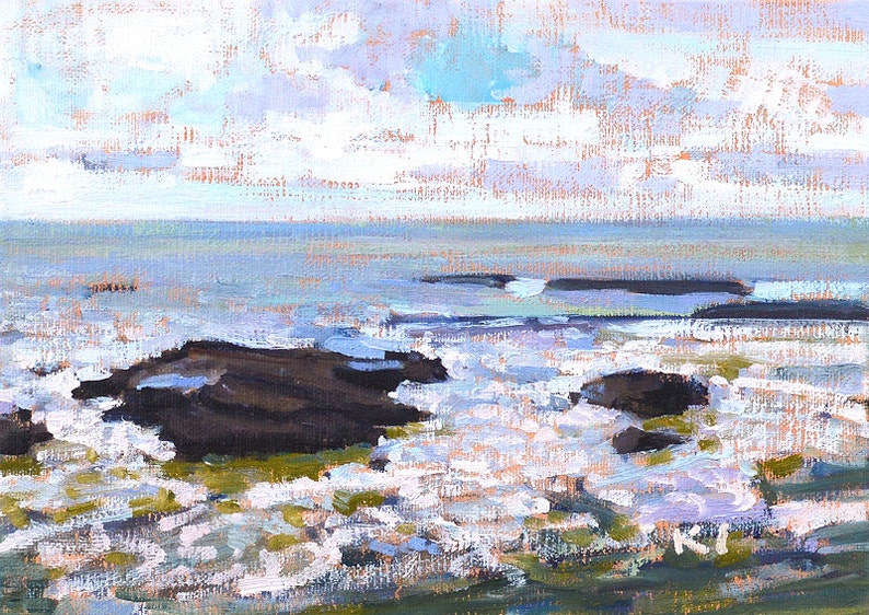 May include: An impressionistic painting of a seascape. The artwork depicts a cloudy sky above a calm ocean, with dark rocks in the foreground. The colors are primarily blues, whites, and browns, creating a serene coastal scene.