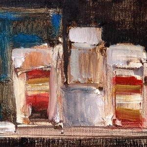 May include: A still life painting of four jars with lids, arranged on a shelf. The jars are painted in shades of brown, red, and white, with a blue background.