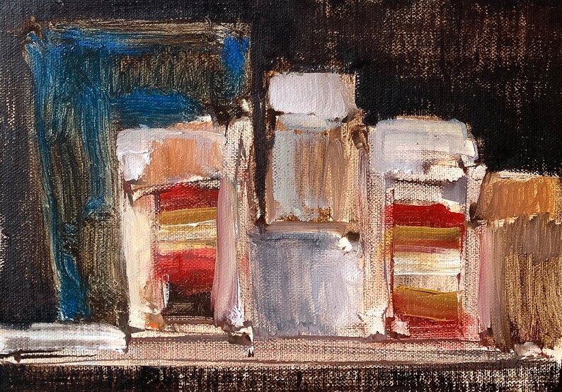 May include: A still life painting of four jars with lids, arranged on a shelf. The jars are painted in shades of brown, red, and white, with a blue background.