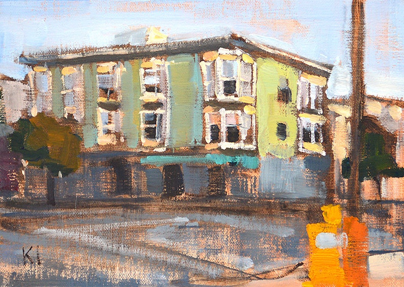May include: An original oil painting of a building with a green and yellow facade. The artwork depicts a street scene with a building, a tree, and a utility pole. The painting has a textured appearance and is signed in the lower left corner.