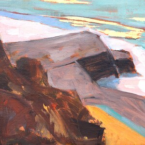 May include: An abstract landscape painting with a palette of warm and cool colors. The artwork features a rocky foreground in shades of brown and orange, leading to a light-colored, possibly snowy, area and a blue sky with yellow highlights.