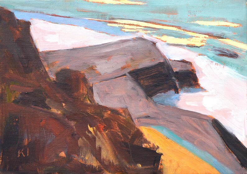 May include: An abstract landscape painting with a palette of warm and cool colors. The artwork features a rocky foreground in shades of brown and orange, leading to a light-colored, possibly snowy, area and a blue sky with yellow highlights.
