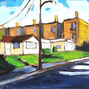 May include: A painting of a street scene with a row of houses in the background. The houses are painted in shades of yellow and brown. In the foreground, there are two smaller houses painted in white and cream. A street lamp is in the foreground, and a tree is on the left side of the image.