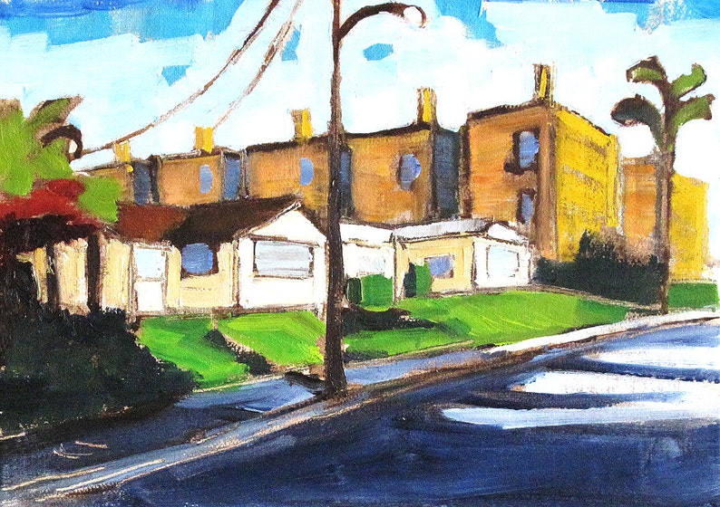 May include: A painting of a street scene with a row of houses in the background. The houses are painted in shades of yellow and brown. In the foreground, there are two smaller houses painted in white and cream. A street lamp is in the foreground, and a tree is on the left side of the image.