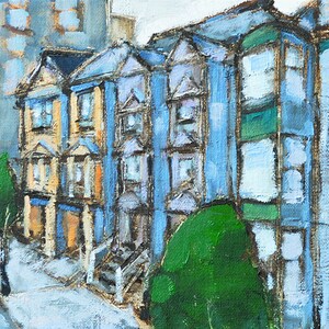 May include: Oil painting of a row of colorful Victorian houses. The buildings are painted in shades of blue, yellow, and green, with detailed window frames and rooftops. Green trees and a street are in the foreground. The artwork has a textured, impressionistic style.