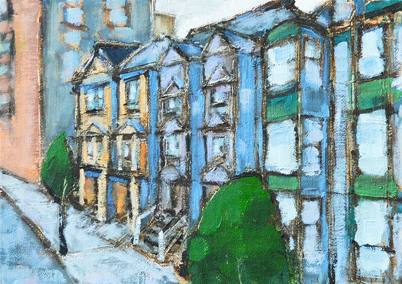 May include: Oil painting of a row of colorful Victorian houses. The buildings are painted in shades of blue, yellow, and green, with detailed window frames and rooftops. Green trees and a street are in the foreground. The artwork has a textured, impressionistic style.