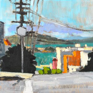 May include: An impressionistic painting of a city street scene. The artwork features a light blue sky, a turquoise body of water, and buildings with orange and white facades. Utility poles and power lines are visible.