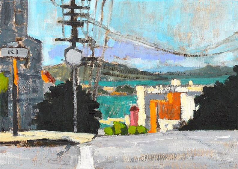 May include: An impressionistic painting of a city street scene. The artwork features a light blue sky, a turquoise body of water, and buildings with orange and white facades. Utility poles and power lines are visible.