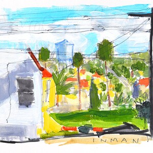 May include: A watercolor painting of a house with a yellow wall and a white roof. The house is surrounded by trees and a water tower is visible in the background. The painting is signed "INMAN" in the bottom right corner.