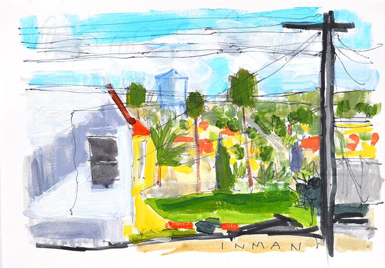 May include: A watercolor painting of a house with a yellow wall and a white roof. The house is surrounded by trees and a water tower is visible in the background. The painting is signed "INMAN" in the bottom right corner.