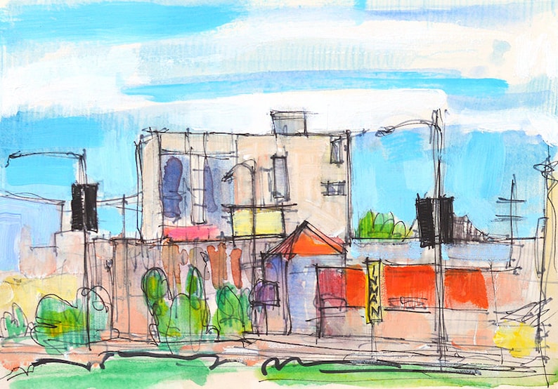 May include: A watercolor painting of a city street scene with buildings, a red awning, and a sign that says "Urban".