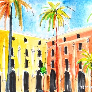 K&ouml;nnte beinhalten: Aquarellmalerei einer Stadtszene mit Palmen und Geb&auml;uden. Die Geb&auml;ude sind in Gelb und Orange mit schwarzen Fenster&ouml;ffnungen gemalt. Der Himmel ist blau. Die Signatur des K&uuml;nstlers befindet sich in der unteren rechten Ecke.