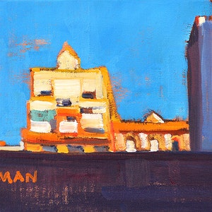 K&ouml;nnte beinhalten: &Ouml;lgem&auml;lde einer Stadtlandschaft mit leuchtend blauem Himmel. Die Geb&auml;ude sind in Orange-, Gelb- und Wei&szlig;t&ouml;nen gemalt. Der Name des K&uuml;nstlers, INMAN, ist unten in Orange zu sehen.