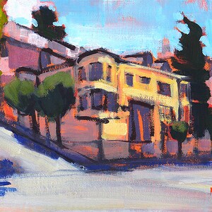 May include: An impressionistic painting of a yellow building with a curved facade, set on a hillside. The artwork features a blue sky, green trees, and a street in the foreground. The artist's signature is in the lower right corner.