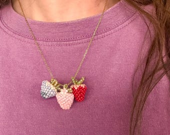 Handwoven Glass Bead Strawberry Pendant Necklace, 16" Gold-Tone Chain