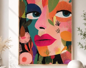 Abstract Face Wall Art, Colorful Modern Portrait, Scandinavian Boho Decor (Digital Download)