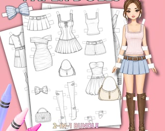 Paper Doll Printable Bundle, Anziehpuppenkleidung, Malseiten (PDF)