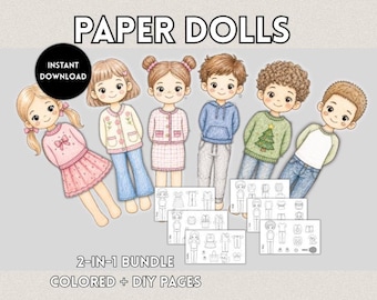 Printable Paper Dolls Bundle for Kids, 6 Dolls, Colored + DIY Dress Up Pages, Instant Download