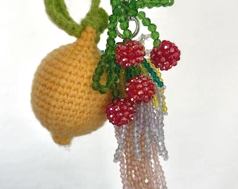 Crochet Lemon Bag Charm: Cottagecore Keychain with Beaded Berries