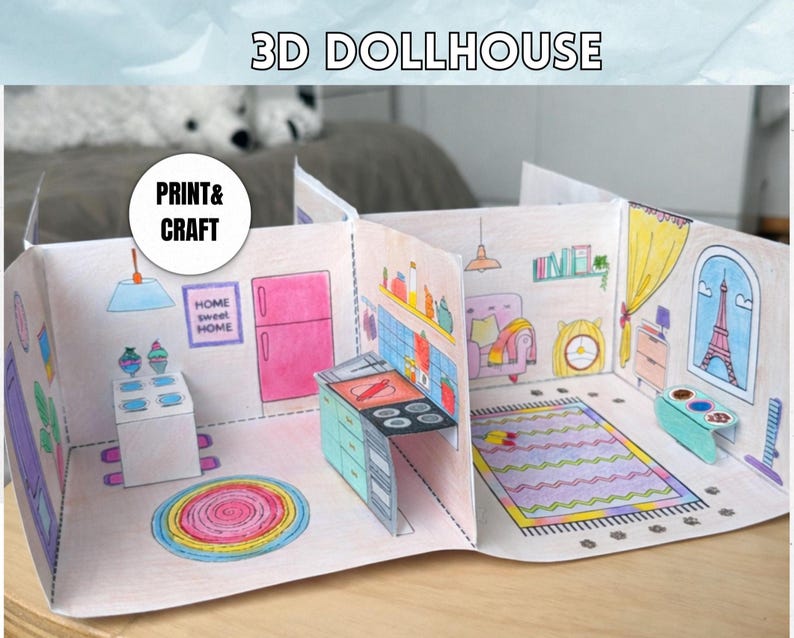 3D Paper Dollhouse Printable – Color, Cut & Play image 1