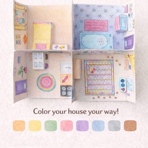 May include: A papercraft house model with four rooms, each decorated with colorful illustrations. The text "Coloring Guide" and "Color your house your way!" are displayed. A color palette is shown below the house.