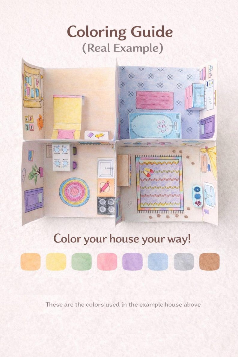 May include: A papercraft house model with four rooms, each decorated with colorful illustrations. The text "Coloring Guide" and "Color your house your way!" are displayed. A color palette is shown below the house.