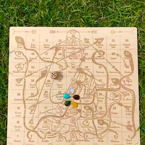 Könnte beinhalten: Ein quadratisches Holzbrettspiel mit einem Raster aus nummerierten Feldern von 1 bis 72, graviert mit Sanskrit-Text und Schlangenillustrationen. Ein einzelner Holzwürfel und fünf kleine, bunte, tropfenförmige Edelsteine liegen auf dem Brett.