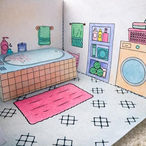 May include: A colorful, hand-drawn illustration of a bathroom scene. The scene includes a bathtub, a pink rug, a washing machine, and shelves with toiletries. The walls are white with green towels and a gray and white floor.