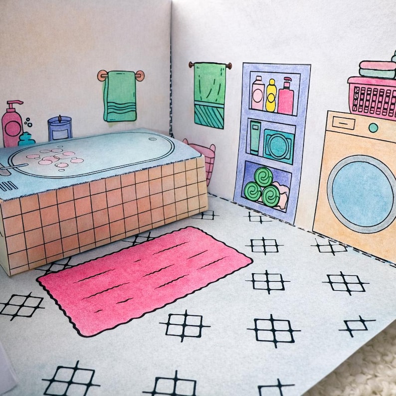 May include: A colorful, hand-drawn illustration of a bathroom scene. The scene includes a bathtub, a pink rug, a washing machine, and shelves with toiletries. The walls are white with green towels and a gray and white floor.