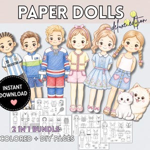 Printable Paper Dolls Bundle, 6 Dolls, Colored & DIY Dress Up Pages (PDF)