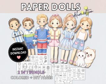 Printable Paper Dolls Bundle, 6 Dolls, Colored & DIY Dress Up Pages (PDF)