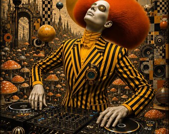 Surreal DJ Mushroom Trippy Art Print, Ai Art, Psychedelic Electronic Music Poster (Digital Download)