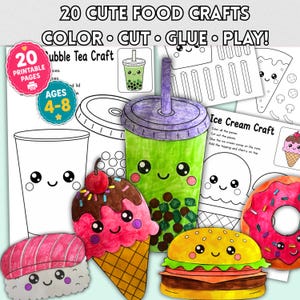 Kawaii Food Crafts for Kids | 20 Printable Color Cut Glue Activities (PDF)