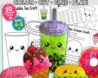 Kawaii Food Crafts for Kids | 20 Printable Color Cut Glue Activities (PDF)