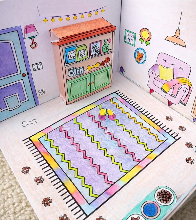 May include: A colorful, hand-drawn diorama of a pet-themed room. The scene includes a cabinet with pet food, a rug with zig-zag patterns, a pink armchair, and paw prints scattered around. The room is decorated with pet-related artwork.